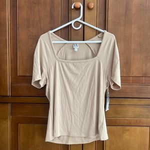 Worthington Blouse Size L Short Sleeve Shirt Crew Neck Beige New w Tags MSRP $37